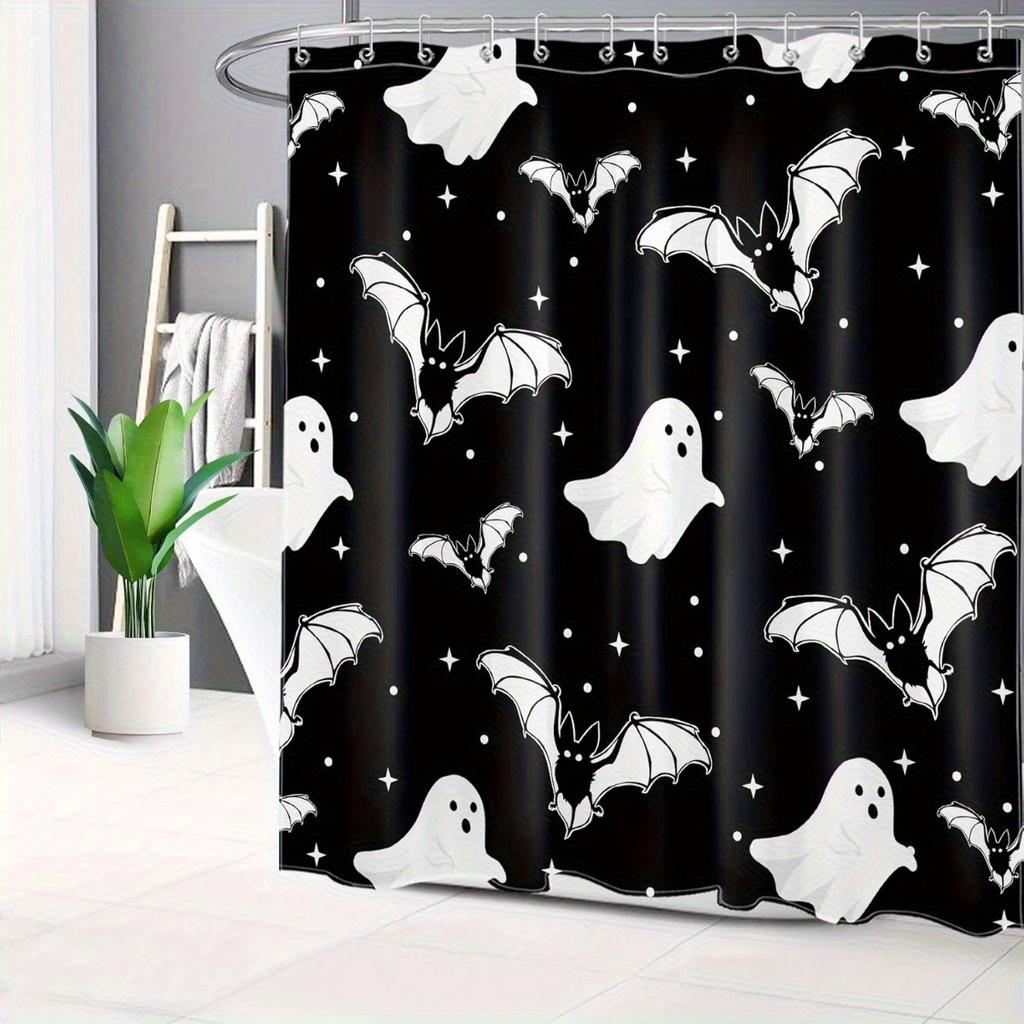 HVHVEST Halloween Bathroom Shower Curtain, Black and White Bat Horror Pattern with Hooks Decoration Set, 72x72inch