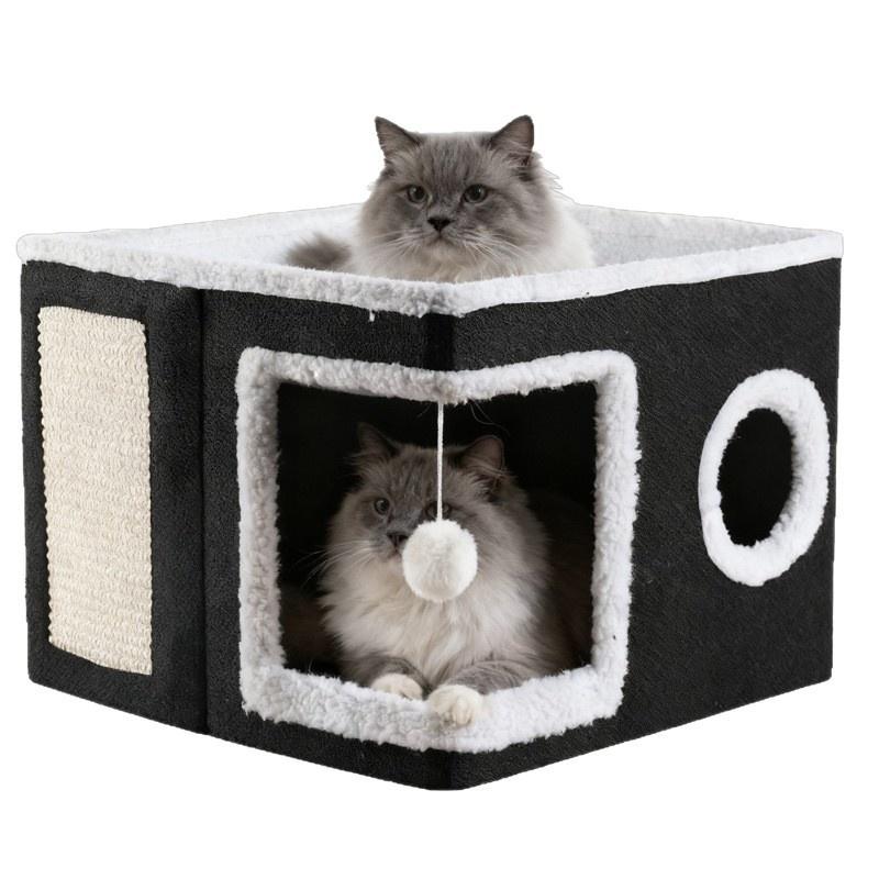 Plush Double Layer Foldable Cat Bed With Scratching Pad All Season Soft Warm Bed For Cats Kittens Cozy Home Christmas Gift