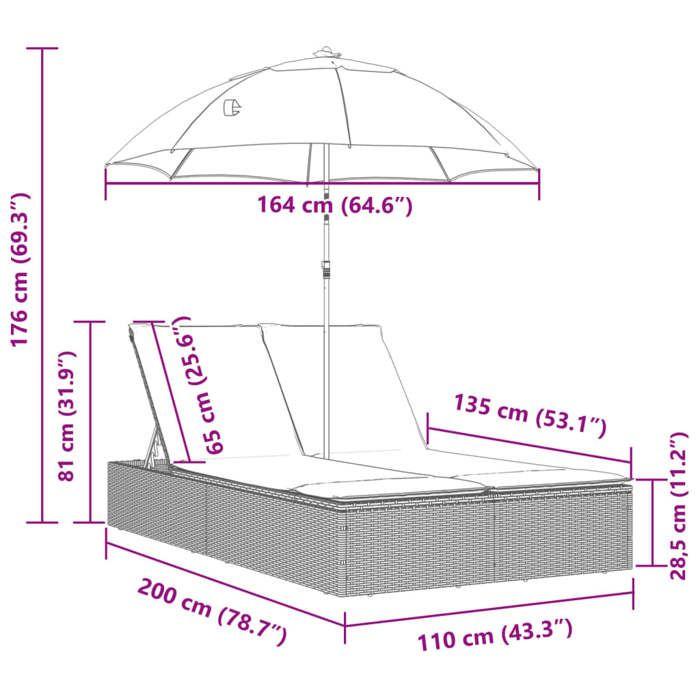 VidaXL Chaise longue double avec coussins et parasol gris clair rotin, transat, lit de jour d'extérieur, lit de jour de 368086