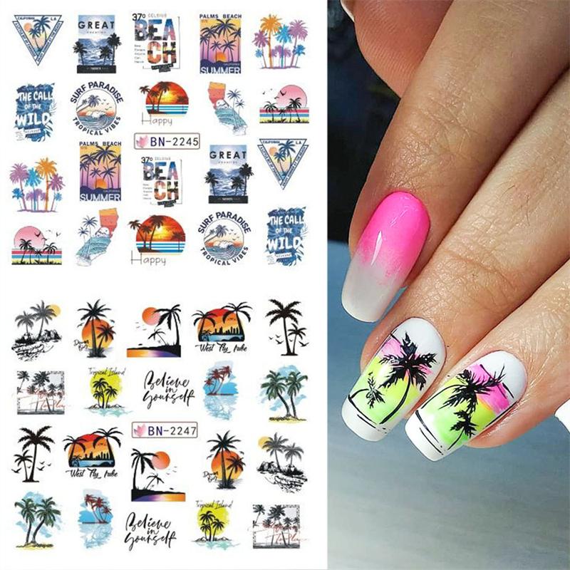 Summer 3D Nail Art Decal Coconut Tree Sunset Pattern Fashion Nail Art Decor Stickers