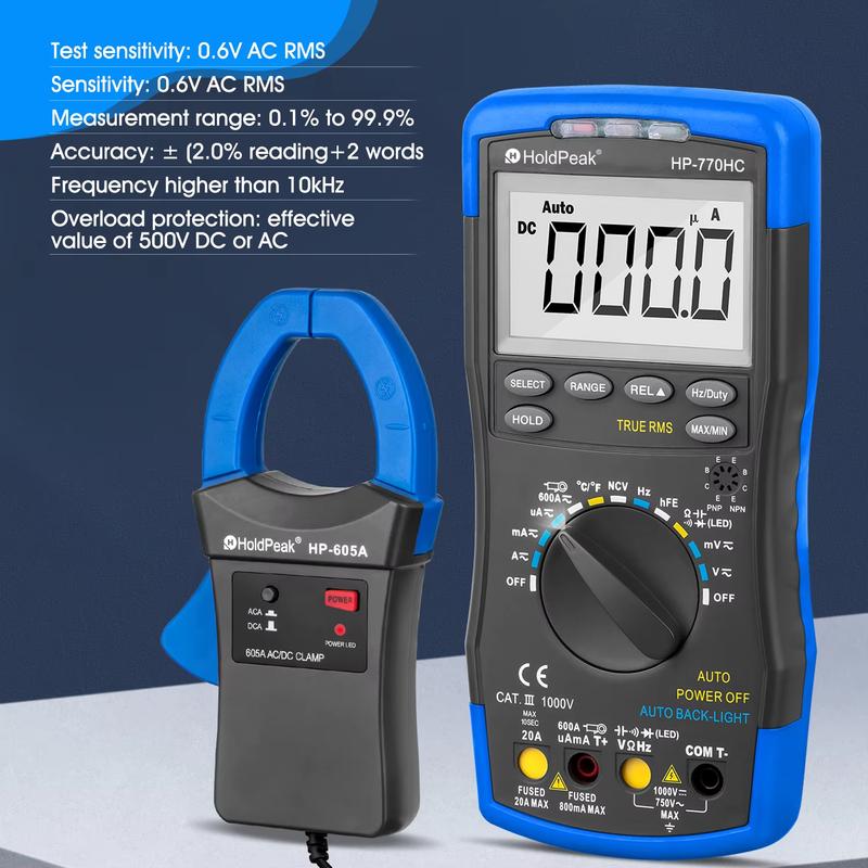 HoldPeak HP-770HC Digital Multimeter Tester True RMS Smart Autoranging Probe With NCV+HP-605A Clamp Adapter 600A AC/DC Current