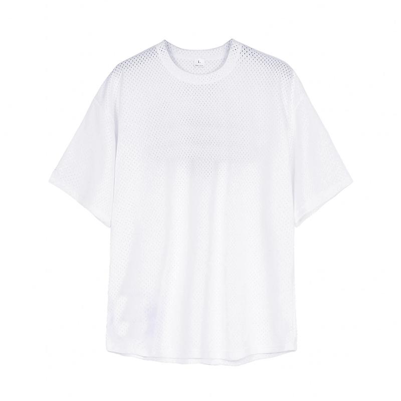 Muscleguys Gymkleding Nieuw Mesh T-shirt Heren Korte mouwen Ronde hals Buitensporten Zomer Hol Ademend Sneldrogend Fitness Tops XXL wit