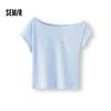 Semir Women's Slim Fit Letter Print Slanted Shoulder Long Sleeve Short T-shirt