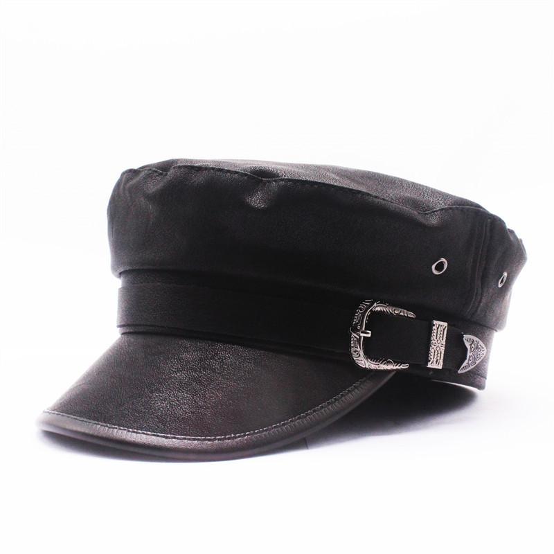 

Internet Celebrities With Flat Top Leather Navy Hat Japanese Retro Versatile British Duck Tongue Octagonal Hat Tide Hat Children M（56-58cm） чорний
