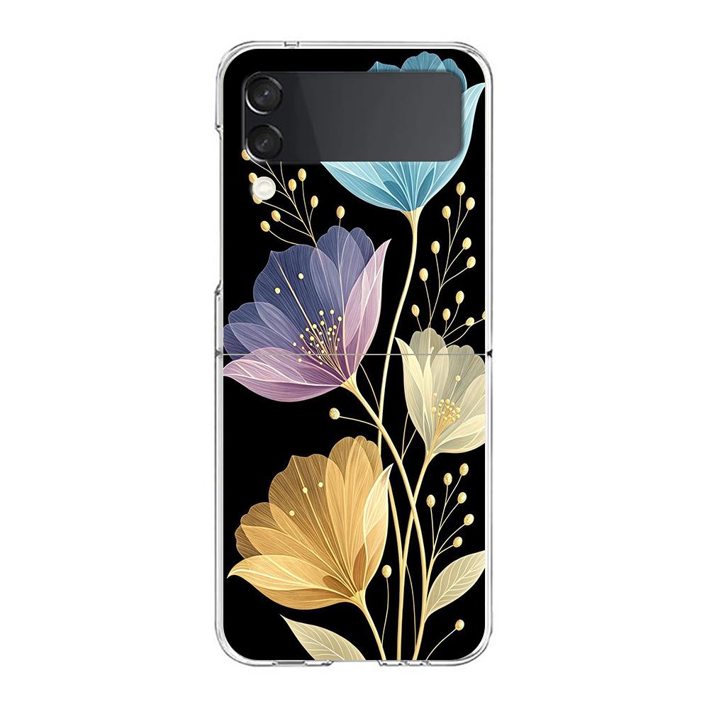 Transparent Phone Case For Samsung Galaxy Z Flip 3 4 5 6 7 Hard Folding PC Z Flip3 Flip4 Cover Ink Wash Painting Flower