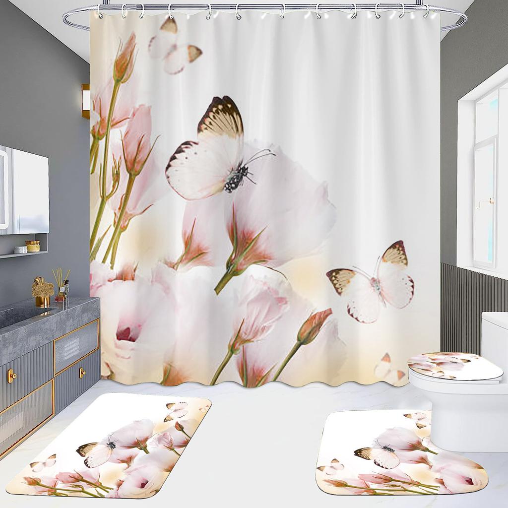 4-Piece Shower Curtain Set with HD Digital Printing | Waterproof, Drill-Free, Ideal for Home/Hotel Bathroom Partition