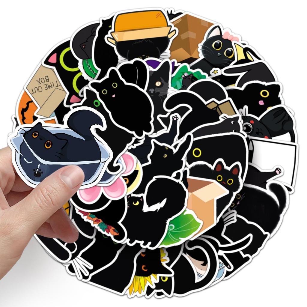 50 Black Cat Graffiti Cartoon Animal Stickers for DIY: Waterproof, Suitable for Phone Cases & Suitcases