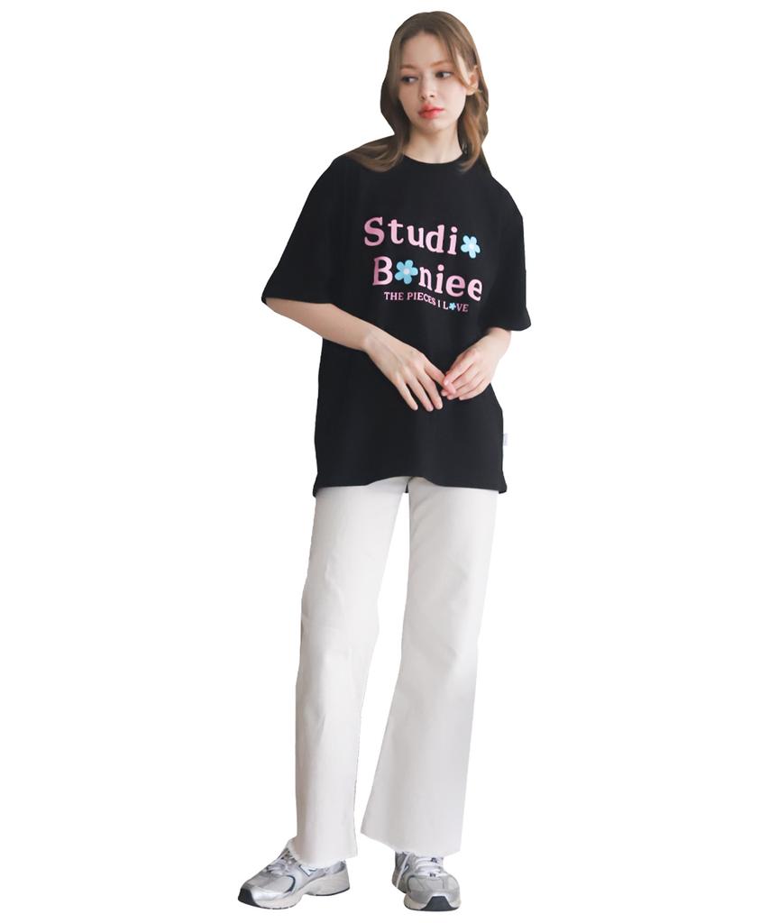 BONIEE Flower Typo Logo Graphic Loose T-Shirt Black