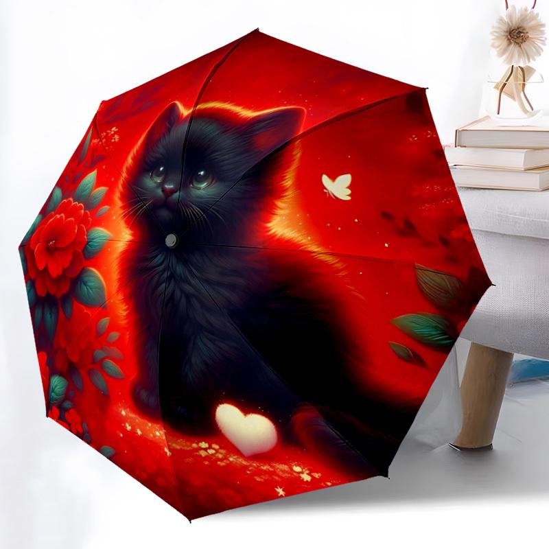 1pc Black Cat Auto-Fold Umbrella with One-Touch Open/Close - 8 Reinforced Ribs for Windproof Stability, Yy251118256