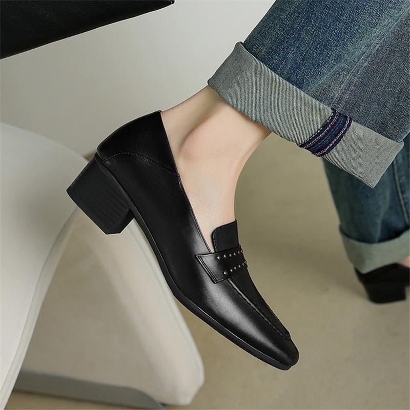 Fashion New Spring/summer Square Toe Genuine Leather Shoes for Women Fashion Rivet Women Pumps Handmade Women Shoes Chunky Heel Loafers
