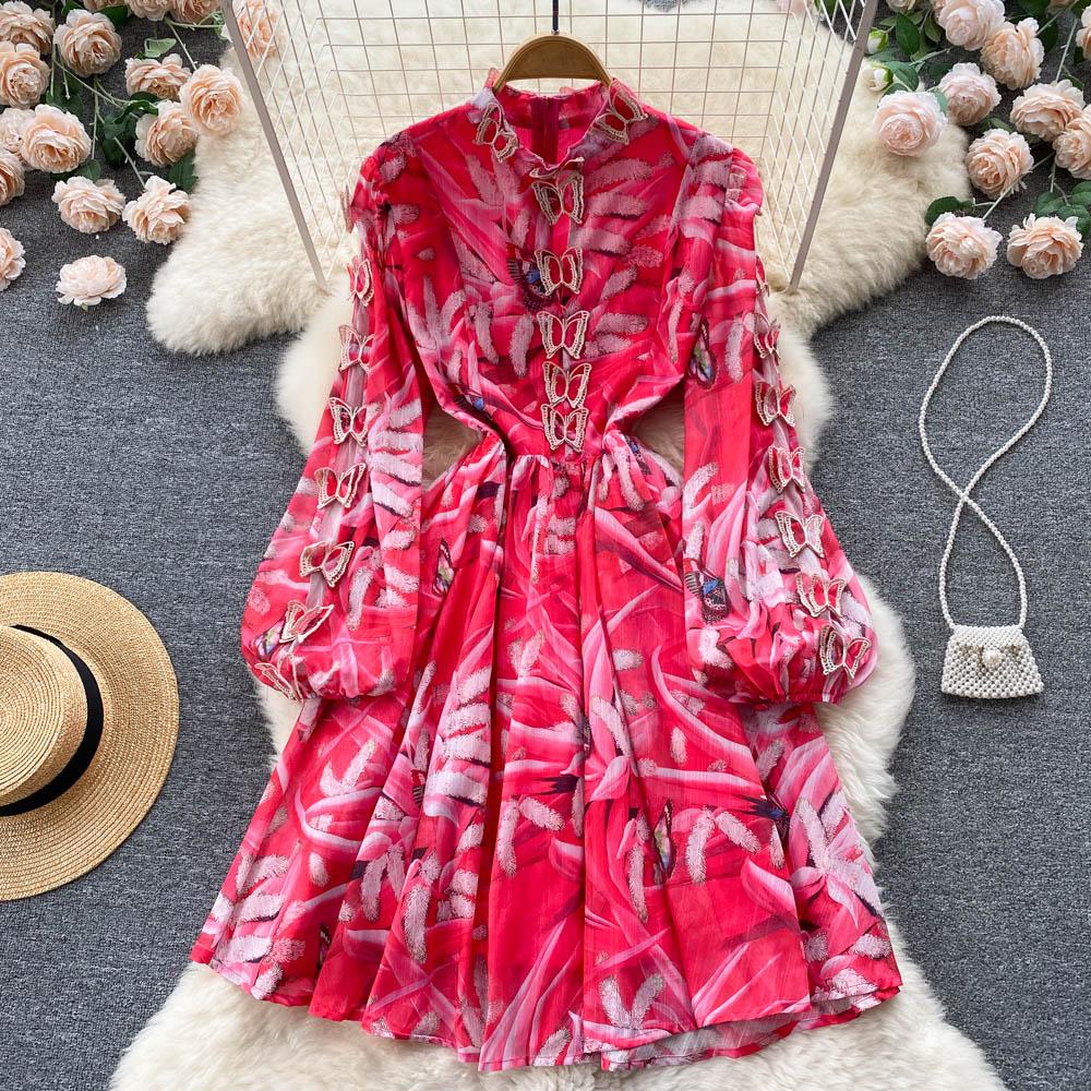 

RUGOD Высококачественное французское платье с трехмерной бабочкой и цветочным принтом, с длинными рукавами, платье трапециевидной формы с воротником-стойкой