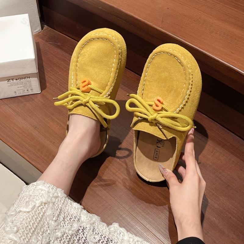 Vintage Women Half Slippers Autumn New Outdoor Height Increase Fashion Single Shoes Cross Tied  Slip on Comfortable Casual Flats