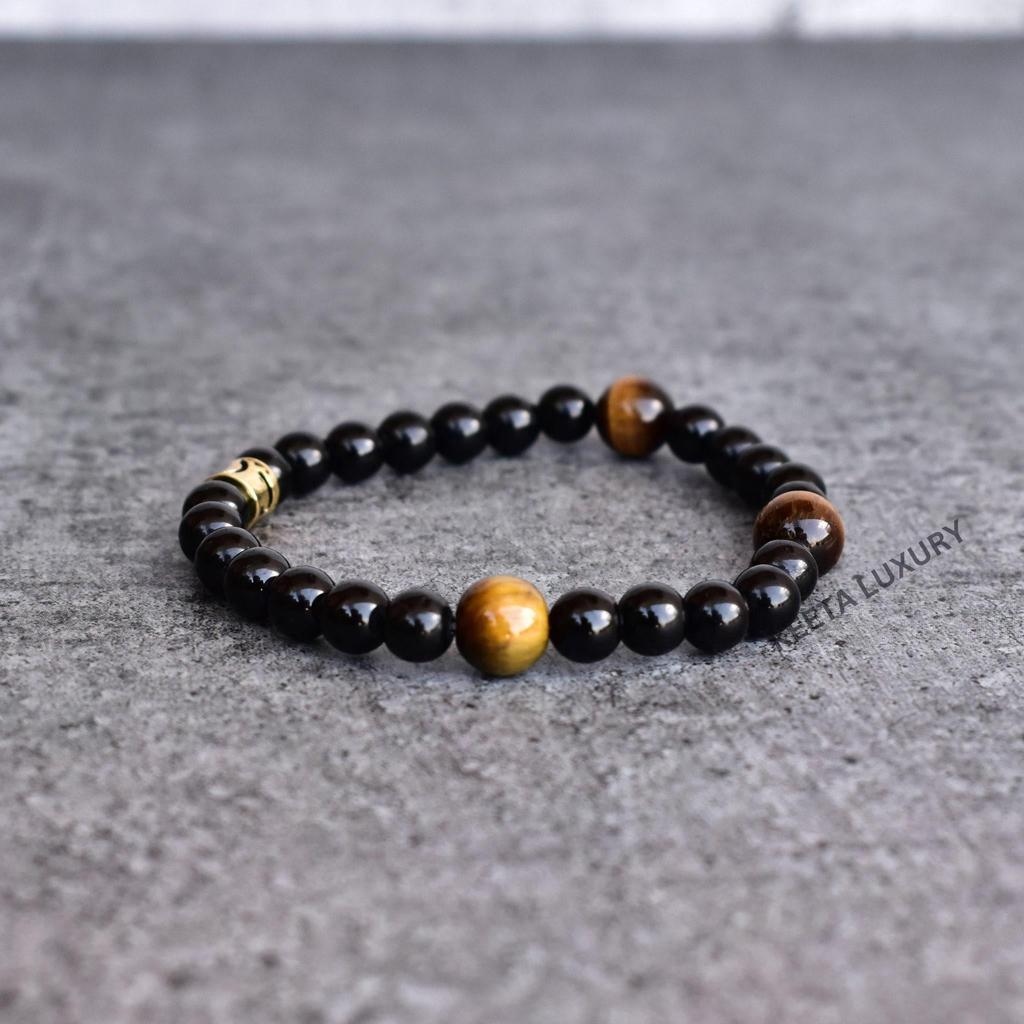 Natural Black onyx and tiger eye bead bracelet Black crystal beaded jewelry for man Stretchable handmade bracelets for boys Gift for him