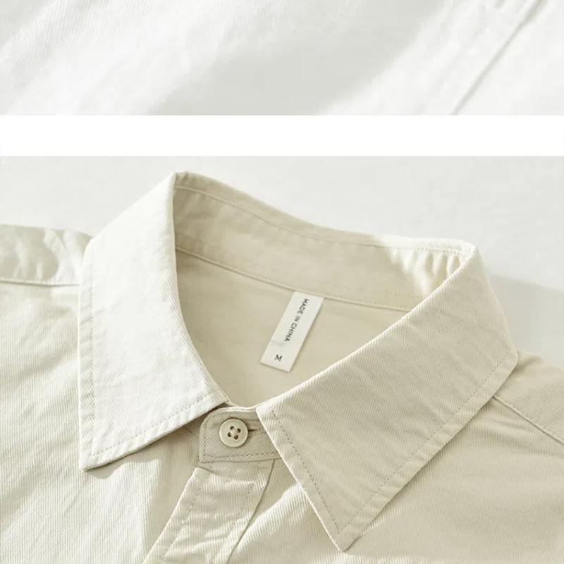Frühling und Sommer 100 Baumwolle Langarm Herrenhemd Täglich Vielseitiges Freizeit-Oberteil Einfarbiges Hemd mit Tasche Schlichter Stil Herrenbekleidung
