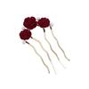 Vintage Red Velvet Rose Flower Hair Stick for Women Girls Elegant Metal U-shaped Hairpin Hanfu Headwear Hair Accessories