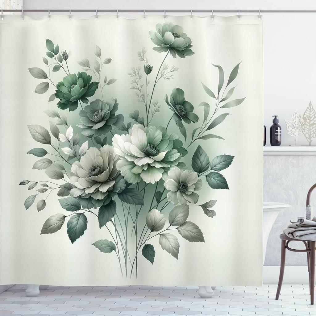 Sage Green Shower Curtain, Nostalgia Tone Tender Forest Flowers With Leaves Minimalist Urban Jungle, Cloth Fabric Bath