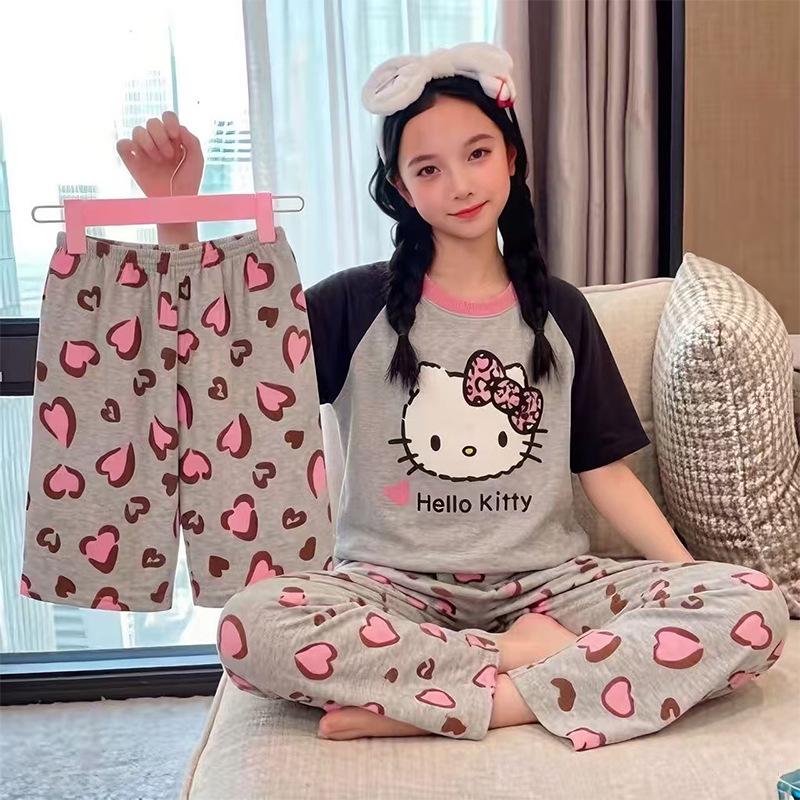 Girls' Summer Cartoon Print Pajama Set - 3 Piece Short Sleeve & Long Pants for Older Kids