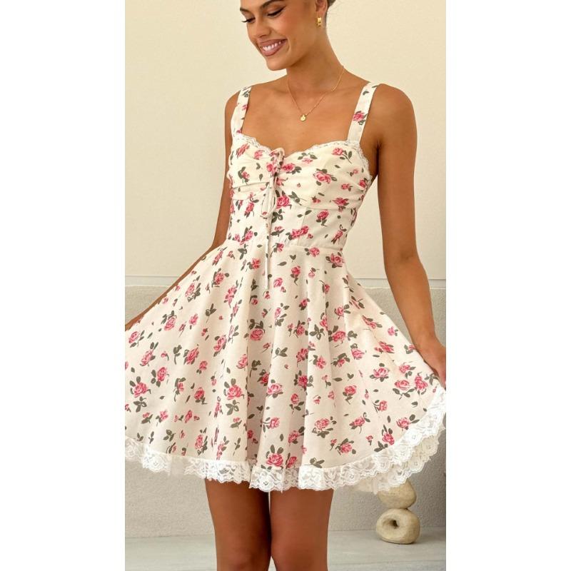 Damemote Sommer Vår Blomstermønster Trykk Ermeløse Seler Høy Liv Avslappet Kjoler