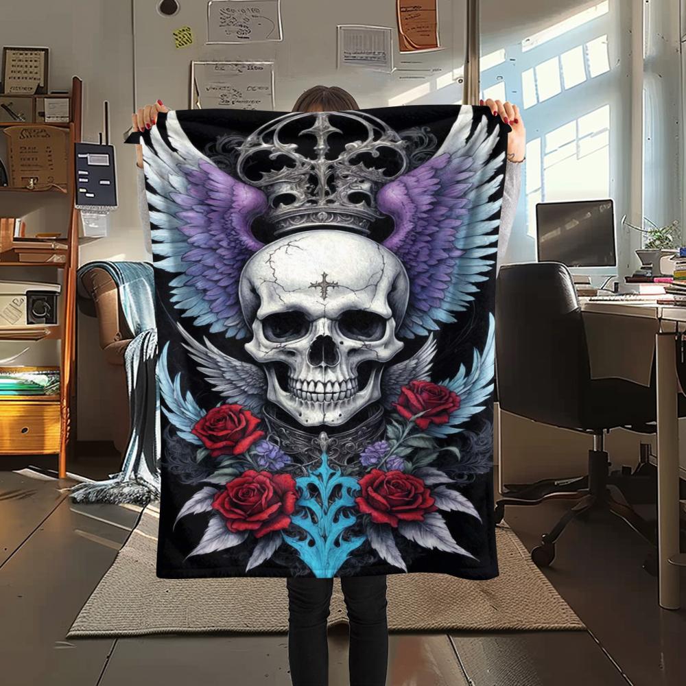 1Pc Skull Head Print Flannel Blanket, High Quality Comfortable for All Seasons, Home Decor, Warmth and Comfort, Perfect for Gifts