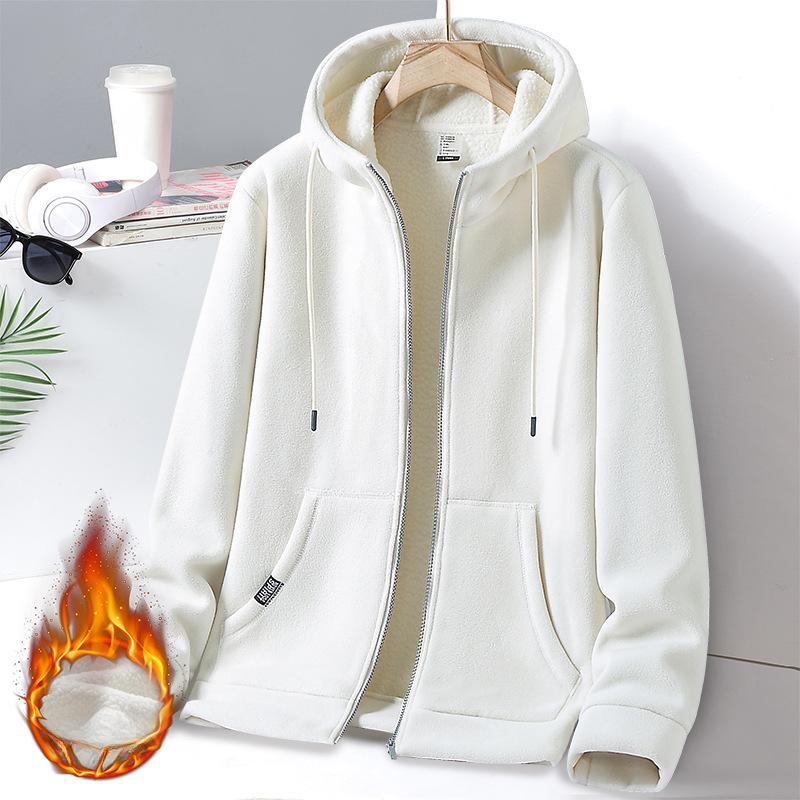 Men's Fleece Coat, Autumn and Winter Thickened Warm Hoodie Solid Color Hooded Casual Coat