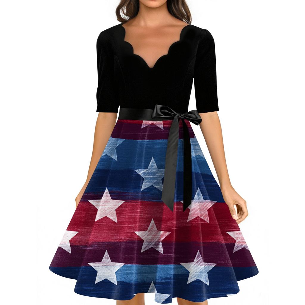 Women's Casual Fashion V-neck Retro Short-sleeved Dress With Flag Independence Day Print