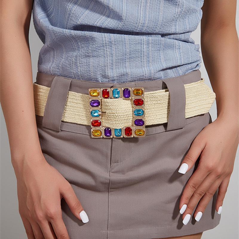 New European and American Fashion Women's Decorative Short Skirt Belt Pp Straw Woven Gold Color Diamond Waist Buckle Belt Waist Decoration