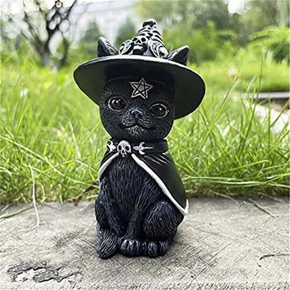 Black Cat Statue Mysterious Cute Cat Witch Cat Figurine Witches Decor Desk Ornament Hand-Painted Sculpture for Halloween 1PC