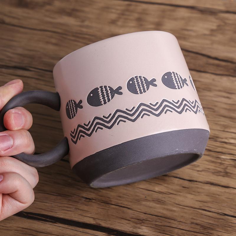 Underglaze Hand Painted Ceramic Mug Set Coarse Pottery Cute Pattern Large Coffee Cup for Couples Matching Pair Gift