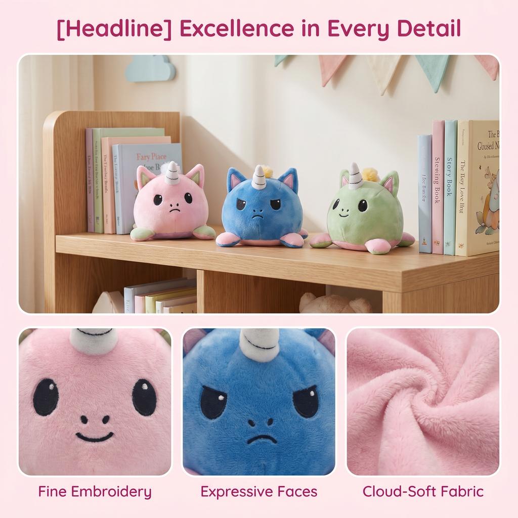Double Sided Flip Plush Toy With Embroidery Details Cute Soft Stuffed Doll Collectible Gift For Kids Teens Adults