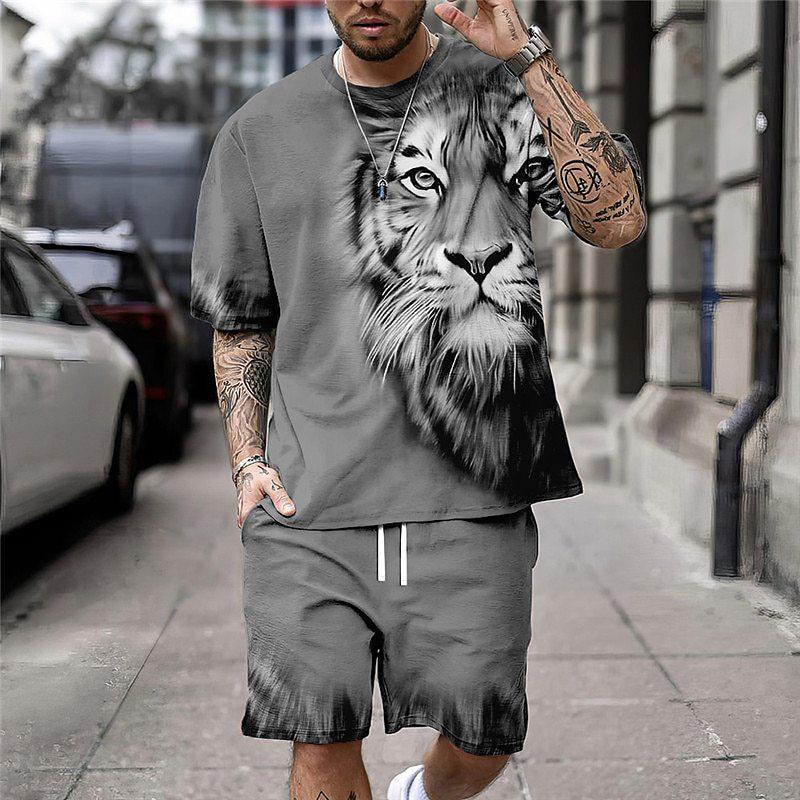 Summer Round Neck 3D Tiger Pattern Printed Set Fashionable and Casual Short Sleeved Shorts Men's Sport Wear