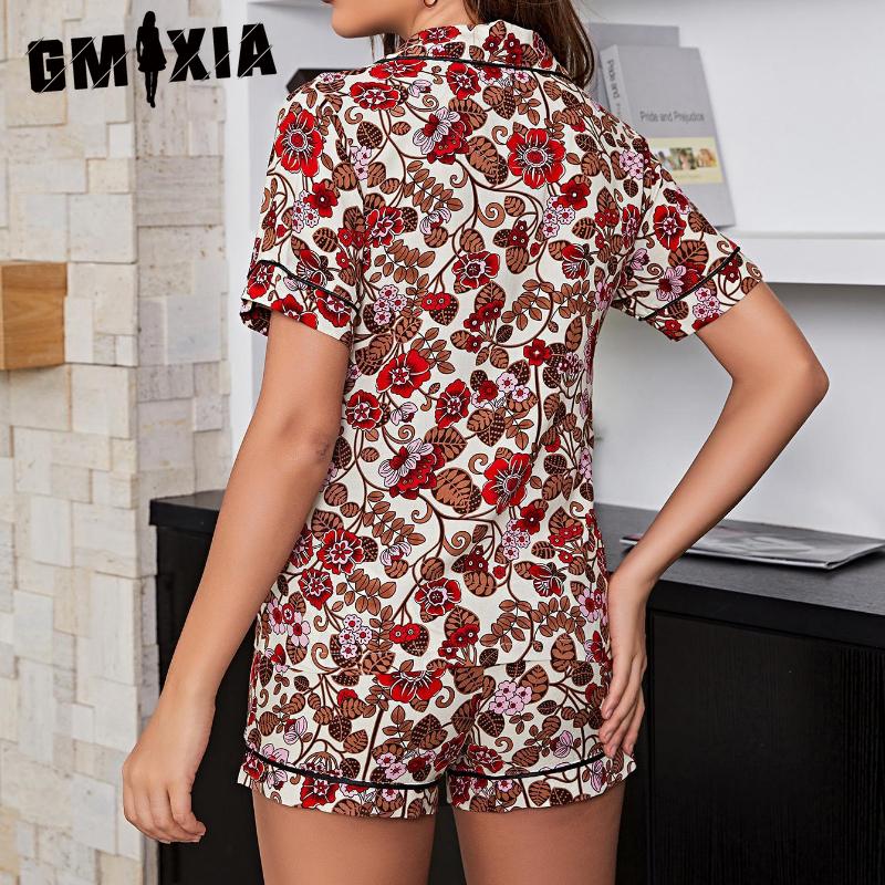 GMXIA Pajamas Women Summer Printing Short Sleeve Shorts Two Sets of Homewear