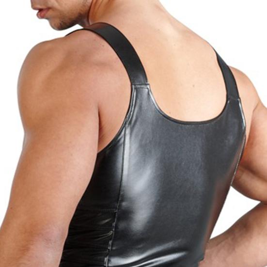 Sexy Men Sleeveless Open Crotch Faux Leather Zipper Bodysuit Shorts Jumpsuit