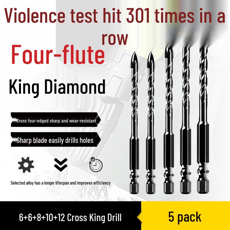 Impact Hex Shank Four-Blade Cross King Drill Bit for Concrete, Tile, and Glass