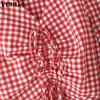 VONDA Women Summer V Neck Long Sleeve Drawstring Ruffled Plaid Casual Blouse