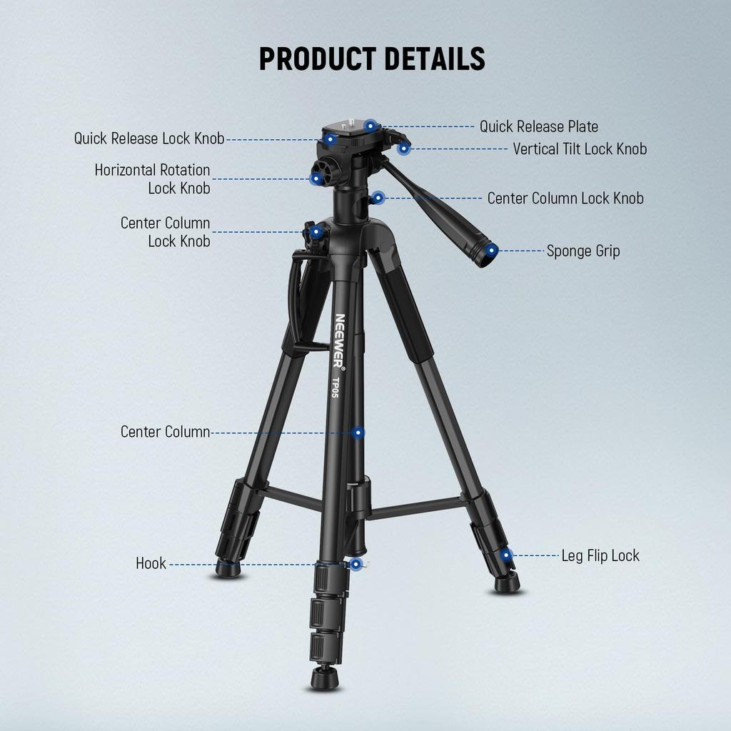 NEEWER TP05 Basic 189cm Video Tripod Monopod Aluminum 3-Way Pan Tilt Head Bluetooth Remote Overhead Shooting Smartphone Holder Black 8kg Load