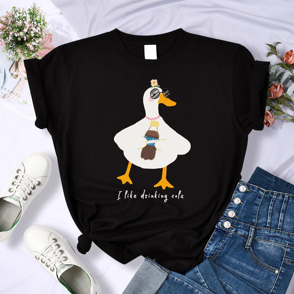 Sunglasses Drink Duck Design Women Tee Shirts Summer Comfortable T-Shirt Casual Crewneck Clothes Hip Hop Soft Woman Short Sleeve