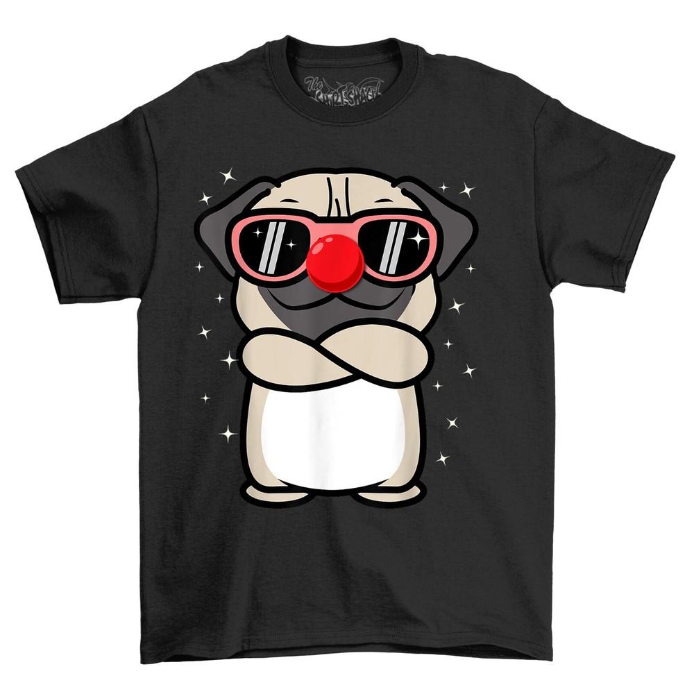 Pug Dog Red Nose Novelty Funny Face T-Shirt Adults and Kids Comedy Tee Shirt