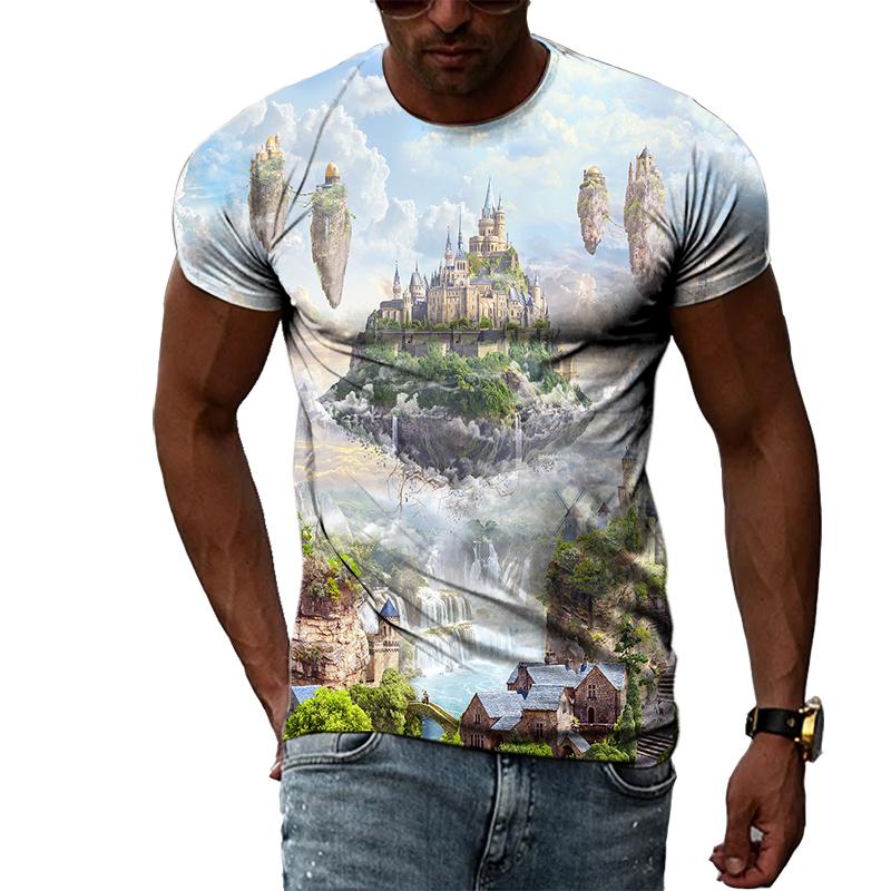 Summer Boys Cartoon Landscape Hand Painted Graphic T Shirts Men Casual 3D Taste Kawaii Printed Round Neck Short Sleeve Tees Tops