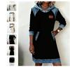 WX020441 Sweat à capuche long pour femme Robe Sweat à manches longues Coupe ample Bloc de couleur denim Patchwork Poche Robe Tunique Hiver Décontractée