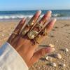 7Pcs Ocean Ring Set for Women Golden-Tone Stackable Starfish Seahorse Conch Faux Pearl Beach Vacation Resort Jewelry