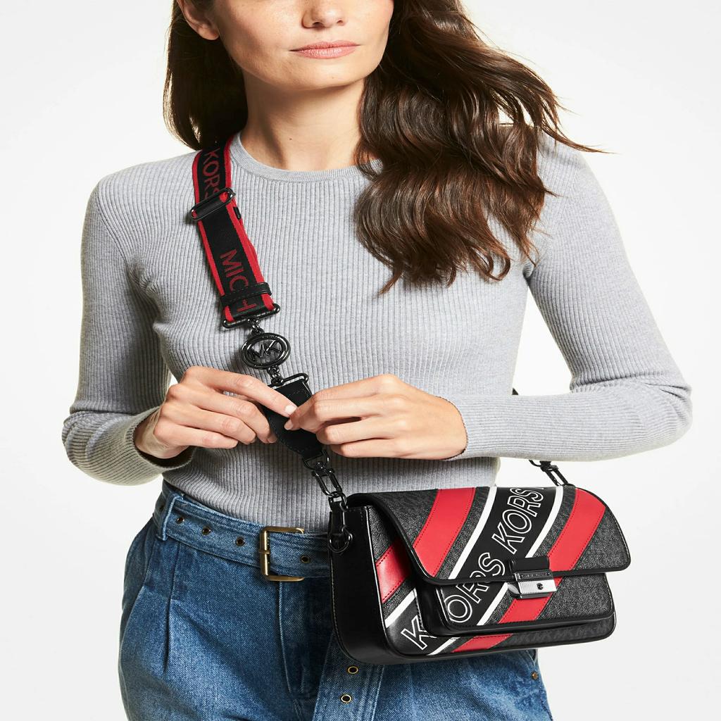 New MICHAEL KORS Bradshaw Canvas Shoulder Bag Crossbody Bag Medium Size Women's Black & Red 30H1U2BM2B-987