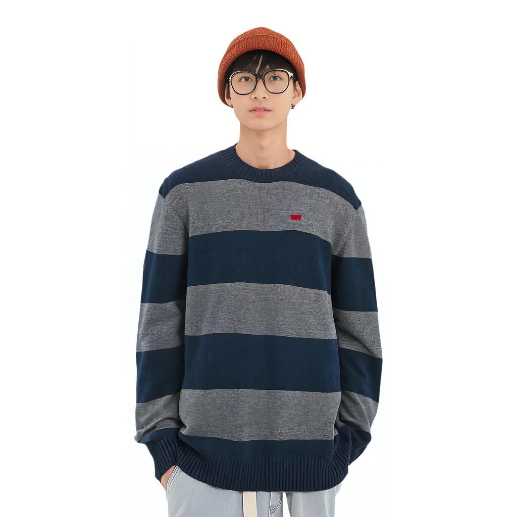 Pull Levis Ample Style Américain Bloc de Couleurs Mode Confortable Manches Longues Pull Homme Bleu Gris A4320-0016