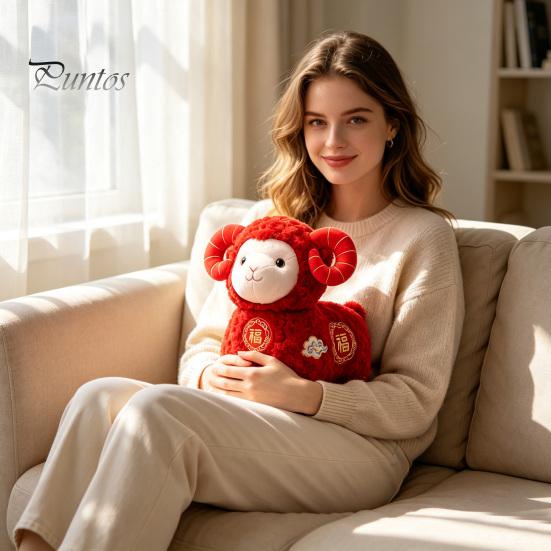 Chinese New Year Auspicious Decor Sheep Plush Toy, Zodiac Mascot Lamb Doll with Festive Fu Cute Curly Animal Character, for Lunar Decoration