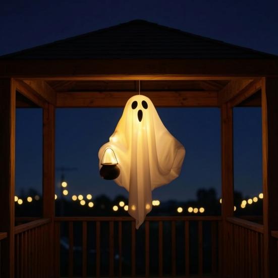 Gruselige Spukhaus-Requisiten Halloween Hängender Geist mit LED-Lichtern, Gruseliges Weißes Gaze Leuchtendes Ornament, LED-Lichter Flexible Figuren für Außenbereich Garten