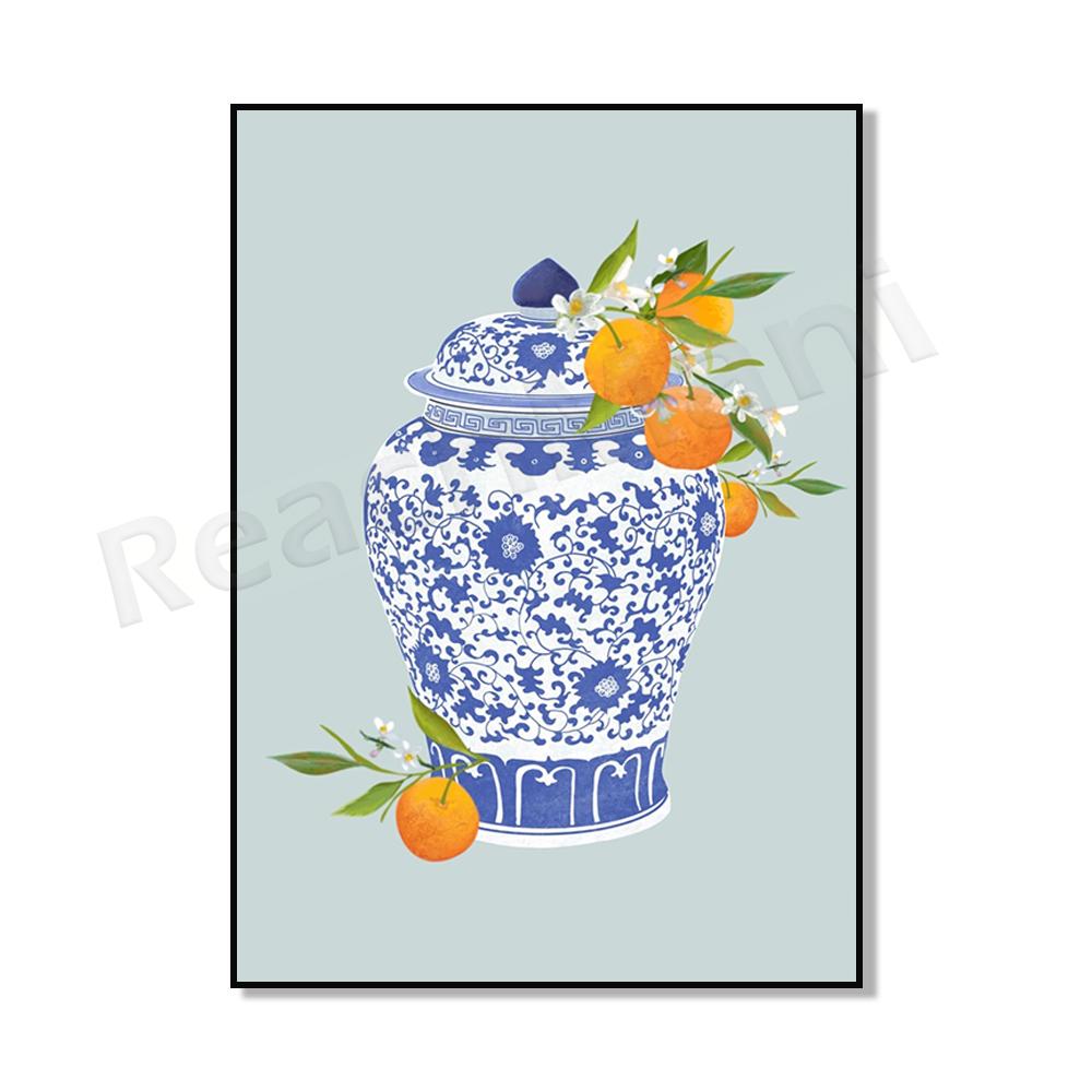 Ginger Jar Art Orange Wall Art Poster, Blue Chinoiserie Vase, Academic Wall Art, Traditional Asian Vase Print, Ginger Jar Print