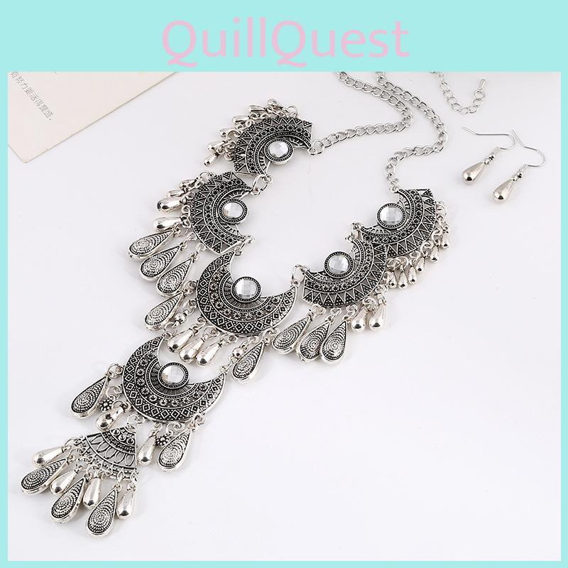 Water Drop Pendant Necklace Earrings With Multilayer Chain For Vintage Art Deco Jewelry Collection