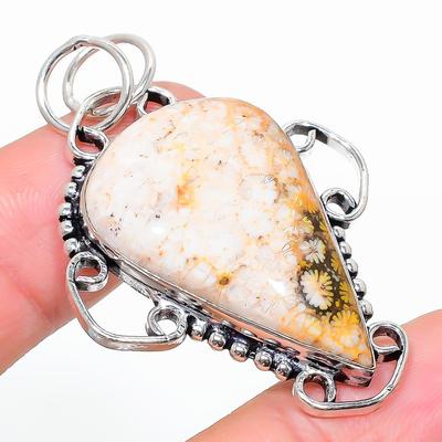 Natural Fossil Coral Gemstone Handmade 925 Sterling Silver Pendant 1.97" V8D80
