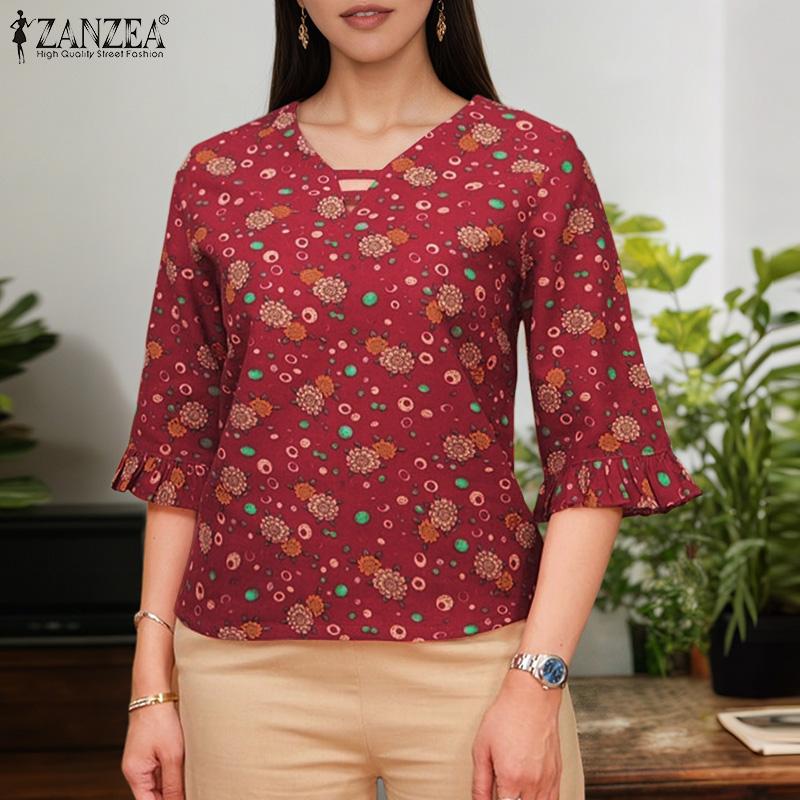 

ZANZEA Women Casual V-Neck 3/4 Sleeve Loose Print Cotton Blouse S жёлтый