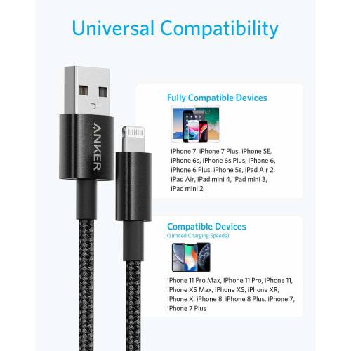 [Set of 2] Anker Heavy Duty Nylon Lightning Cable MFi Certified Compatible with iPhone 13 / 13 Pro / 12 / SE (3rd Generation) Various (1.8m X 2 Black)