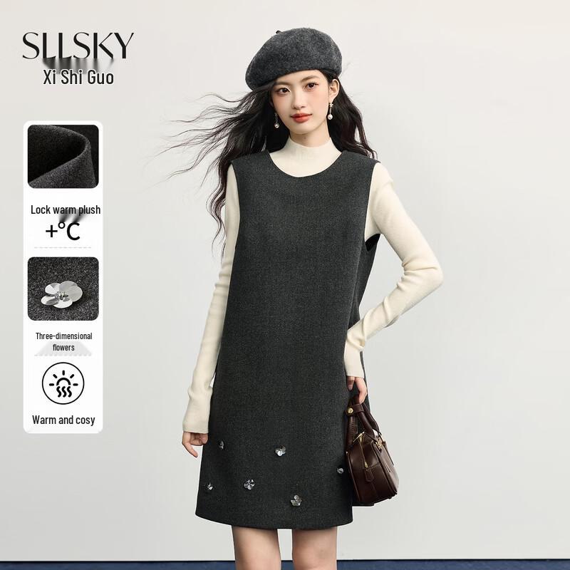 Women s Elegant Gray 3D Floral Sleeveless Woolen Vest Dress 2XL